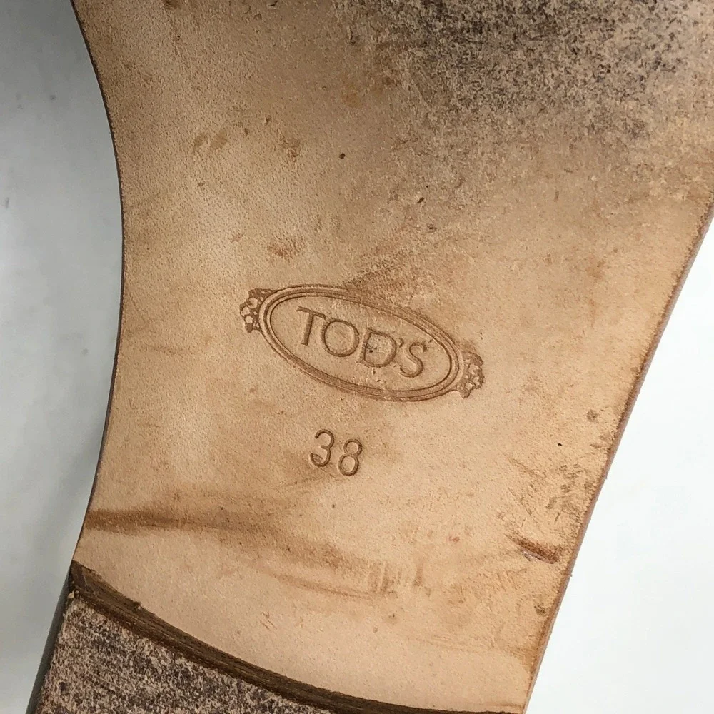 Tods Womens 38 Sandals Black Leather Ankle Strap Silver T-Bar Hardware Flat